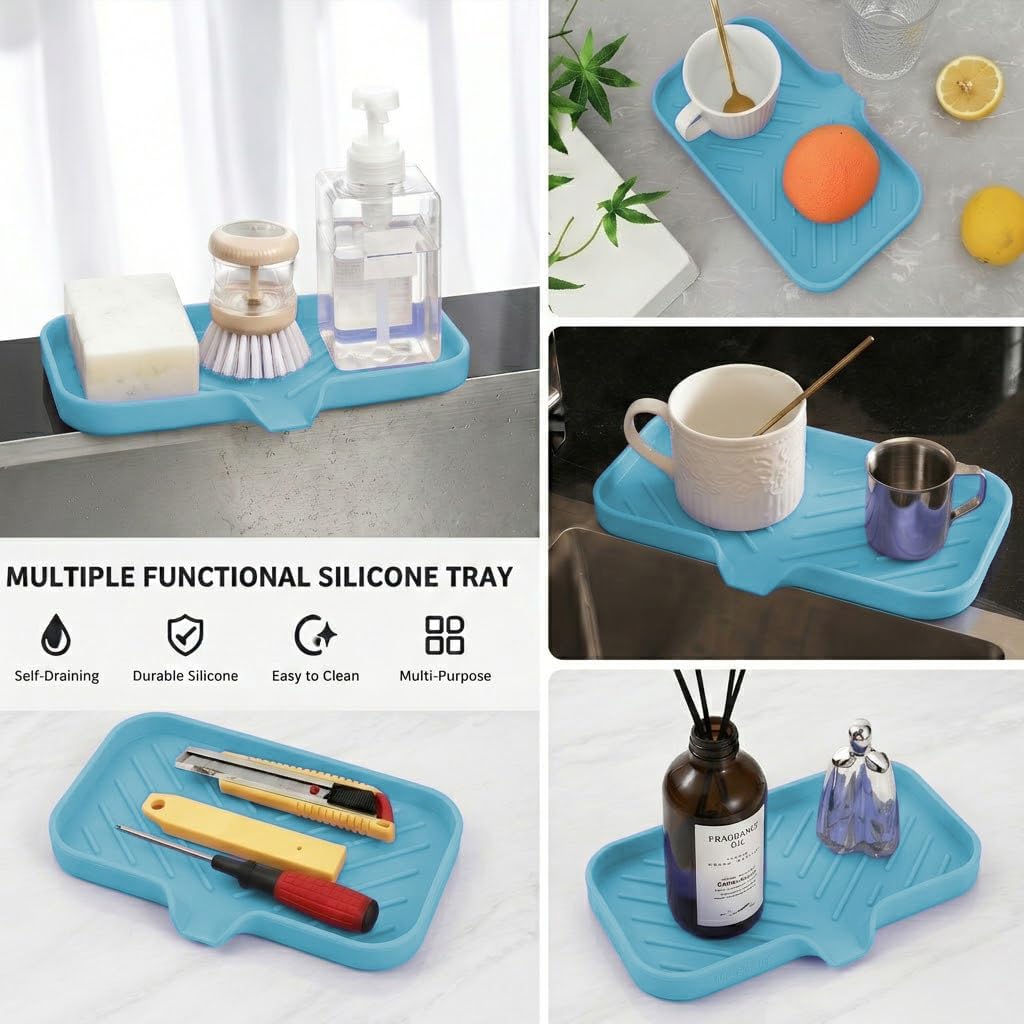 Silicone Soap Dish with Drain Spout, Self-Draining Sink Organizer Tray for Bathroom and Kitchen, Sponges, Dispensers and Soap Holder, Non-Slip and Dishwasher Safe, Black (Compact, 4.9"×3.2")