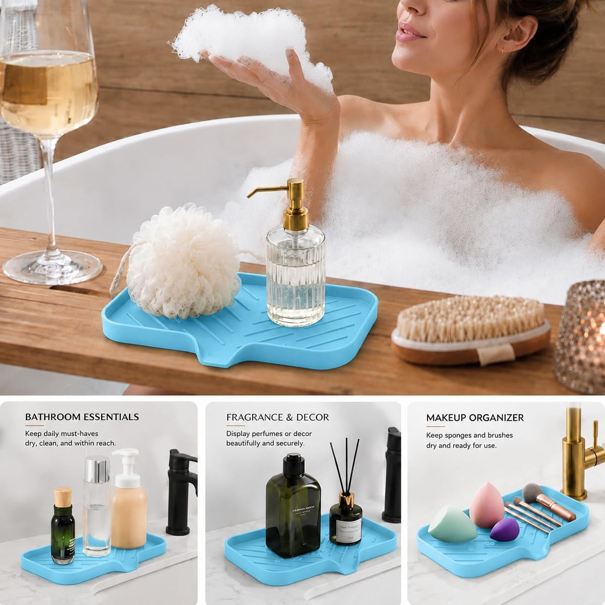 Silicone Soap Dish with Drain Spout, Self-Draining Sink Organizer Tray for Bathroom and Kitchen, Sponges, Dispensers and Soap Holder, Non-Slip and Dishwasher Safe, Black (Compact, 4.9"×3.2")