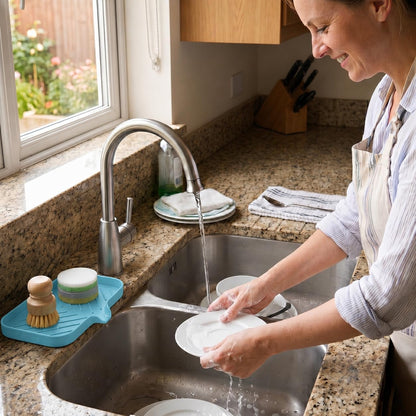 Silicone Soap Dish with Drain Spout, Self-Draining Sink Organizer Tray for Bathroom and Kitchen, Sponges, Dispensers and Soap Holder, Non-Slip and Dishwasher Safe, Black (Compact, 4.9"×3.2")