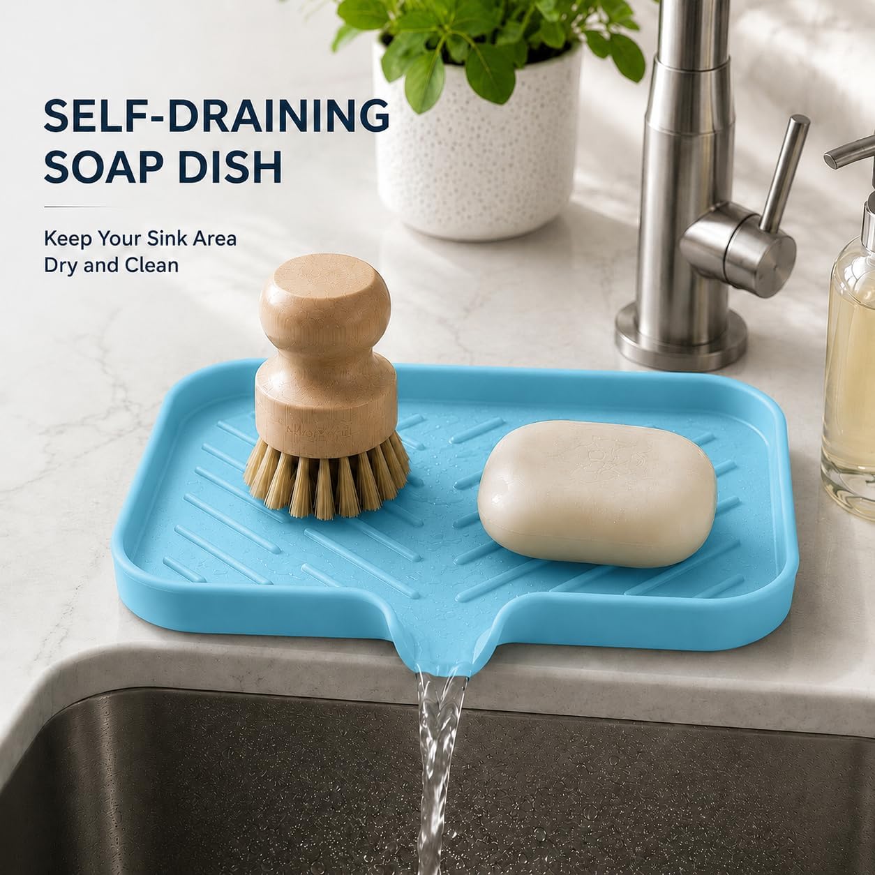 Silicone Soap Dish with Drain Spout, Self-Draining Sink Organizer Tray for Bathroom and Kitchen, Sponges, Dispensers and Soap Holder, Non-Slip and Dishwasher Safe, Black (Compact, 4.9"×3.2")