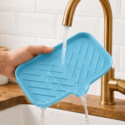 Silicone Soap Dish with Drain Spout, Self-Draining Sink Organizer Tray for Bathroom and Kitchen, Sponges, Dispensers and Soap Holder, Non-Slip and Dishwasher Safe, Black (Compact, 4.9"×3.2")