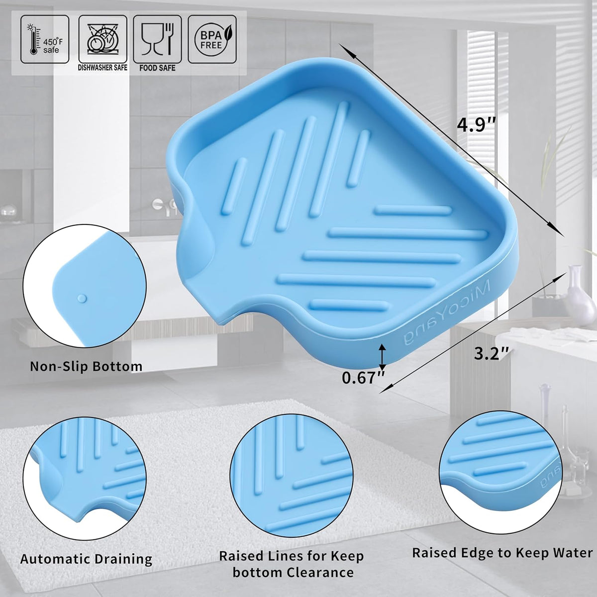 Silicone Soap Dish with Drain Spout, Self-Draining Sink Organizer Tray for Bathroom and Kitchen, Sponges, Dispensers and Soap Holder, Non-Slip and Dishwasher Safe, Black (Compact, 4.9"×3.2")