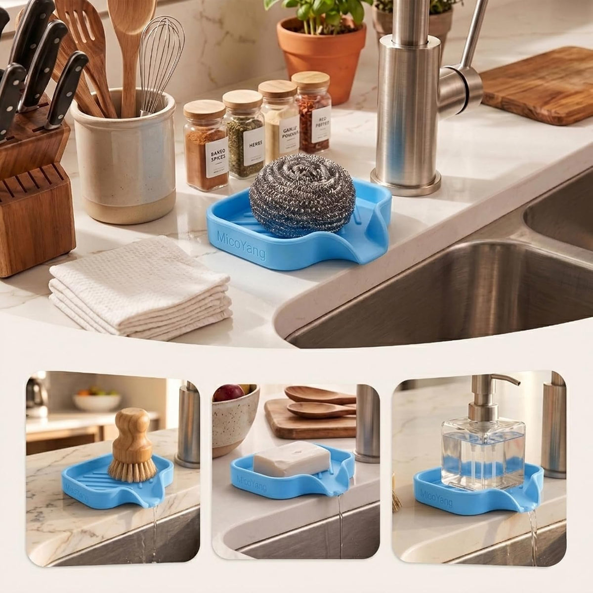 Silicone Soap Dish with Drain Spout, Self-Draining Sink Organizer Tray for Bathroom and Kitchen, Sponges, Dispensers and Soap Holder, Non-Slip and Dishwasher Safe, Black (Compact, 4.9"×3.2")