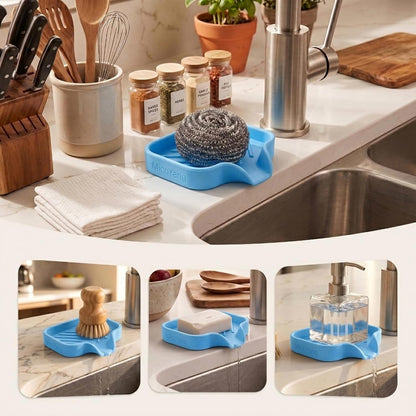 Silicone Soap Dish with Drain Spout, Self-Draining Sink Organizer Tray for Bathroom and Kitchen, Sponges, Dispensers and Soap Holder, Non-Slip and Dishwasher Safe, Black (Compact, 4.9"×3.2")