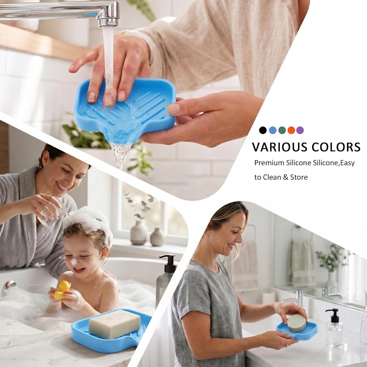 Silicone Soap Dish with Drain Spout, Self-Draining Sink Organizer Tray for Bathroom and Kitchen, Sponges, Dispensers and Soap Holder, Non-Slip and Dishwasher Safe, Black (Compact, 4.9"×3.2")