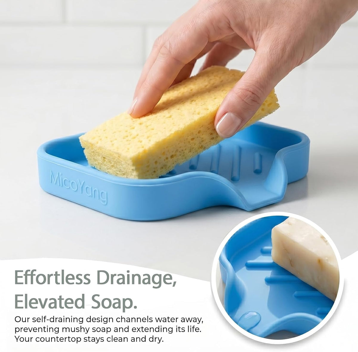 Silicone Soap Dish with Drain Spout, Self-Draining Sink Organizer Tray for Bathroom and Kitchen, Sponges, Dispensers and Soap Holder, Non-Slip and Dishwasher Safe, Black (Compact, 4.9"×3.2")