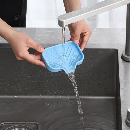 Silicone Soap Dish with Drain Spout, Self-Draining Sink Organizer Tray for Bathroom and Kitchen, Sponges, Dispensers and Soap Holder, Non-Slip and Dishwasher Safe, Black (Compact, 4.9"×3.2")