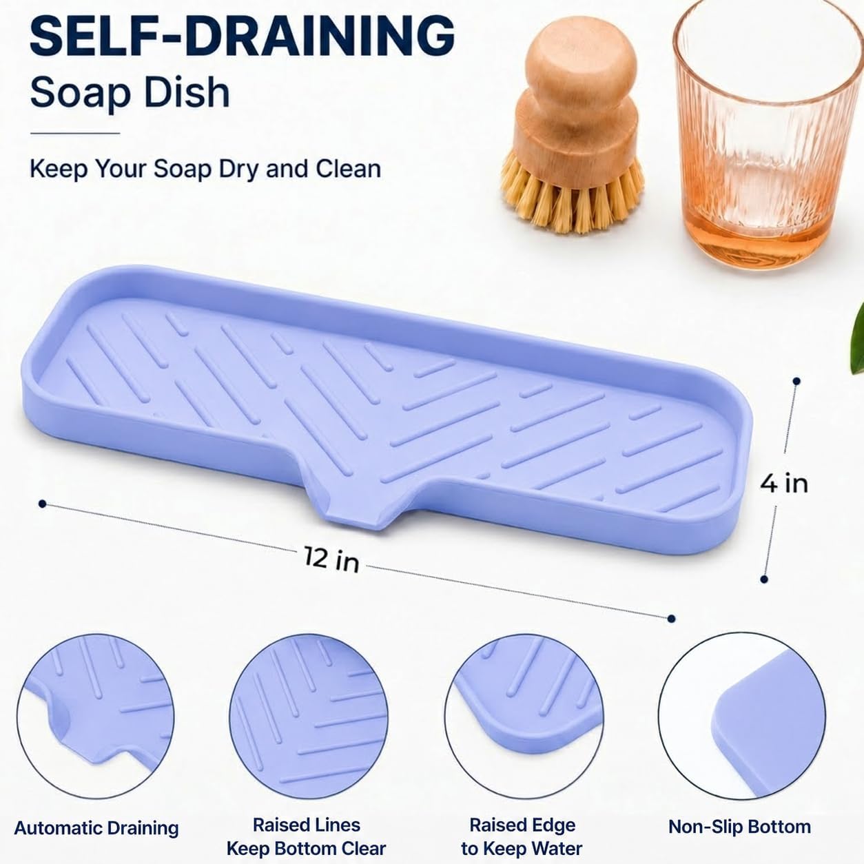 Silicone Soap Dish with Drain Spout, Self-Draining Sink Organizer Tray for Bathroom and Kitchen, Sponges, Dispensers and Soap Holder, Non-Slip and Dishwasher Safe, Black (Compact, 4.9"×3.2")