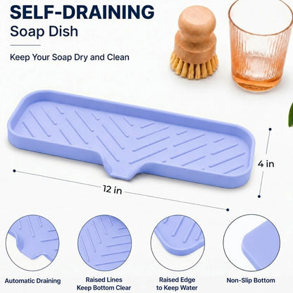 Silicone Soap Dish with Drain Spout, Self-Draining Sink Organizer Tray for Bathroom and Kitchen, Sponges, Dispensers and Soap Holder, Non-Slip and Dishwasher Safe, Black (Compact, 4.9"×3.2")