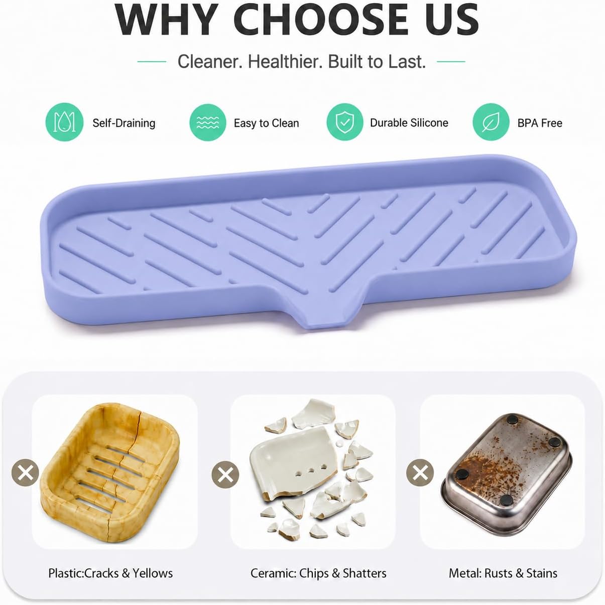 Silicone Soap Dish with Drain Spout, Self-Draining Sink Organizer Tray for Bathroom and Kitchen, Sponges, Dispensers and Soap Holder, Non-Slip and Dishwasher Safe, Black (Compact, 4.9"×3.2")