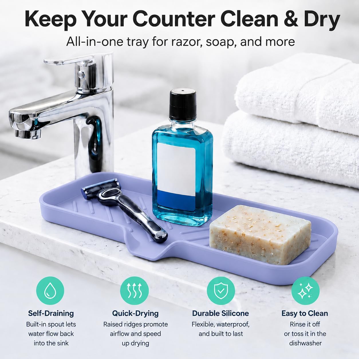 Silicone Soap Dish with Drain Spout, Self-Draining Sink Organizer Tray for Bathroom and Kitchen, Sponges, Dispensers and Soap Holder, Non-Slip and Dishwasher Safe, Black (Compact, 4.9"×3.2")