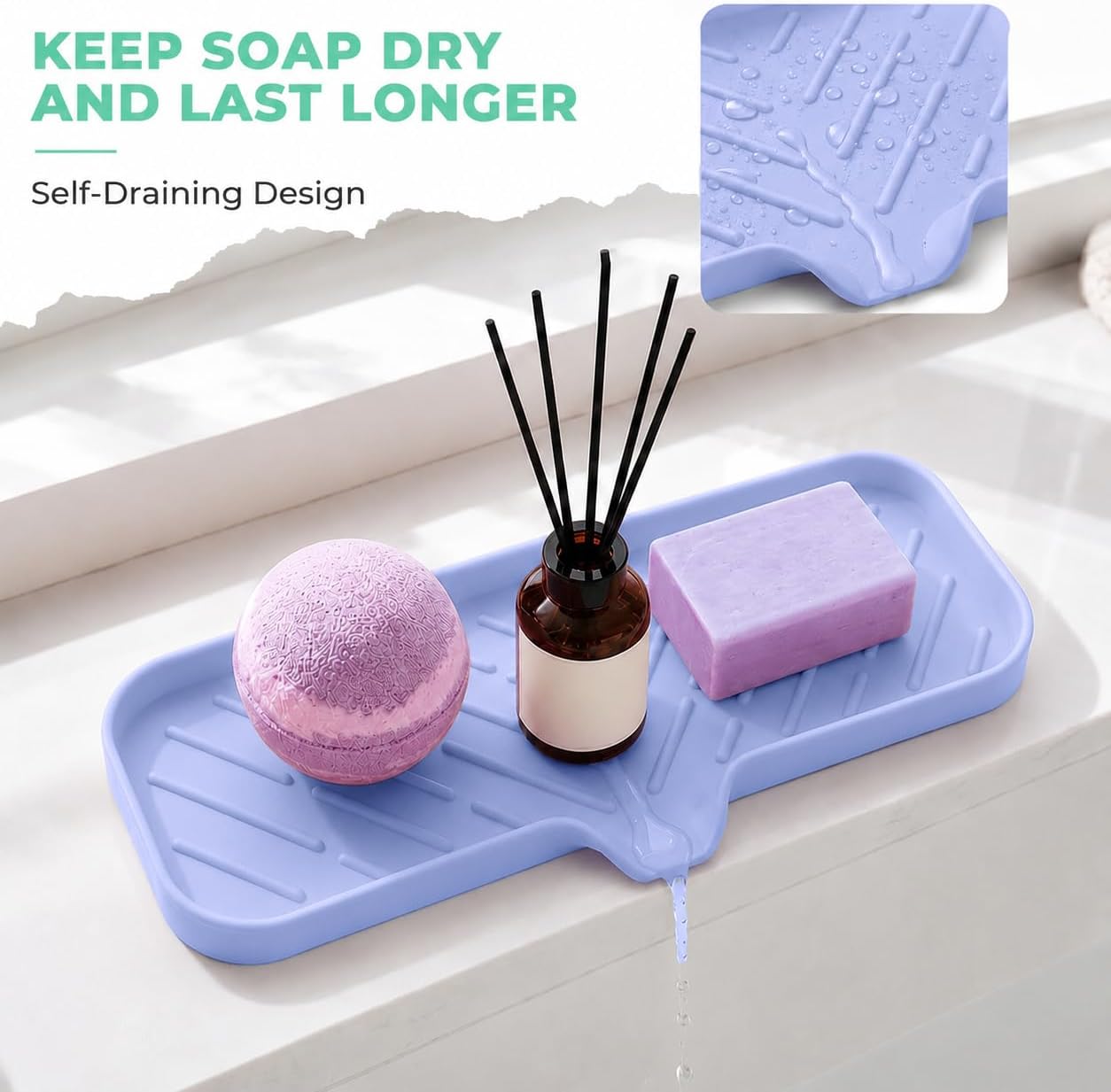 Silicone Soap Dish with Drain Spout, Self-Draining Sink Organizer Tray for Bathroom and Kitchen, Sponges, Dispensers and Soap Holder, Non-Slip and Dishwasher Safe, Black (Compact, 4.9"×3.2")
