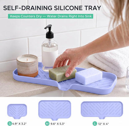 Silicone Soap Dish with Drain Spout, Self-Draining Sink Organizer Tray for Bathroom and Kitchen, Sponges, Dispensers and Soap Holder, Non-Slip and Dishwasher Safe, Black (Compact, 4.9"×3.2")