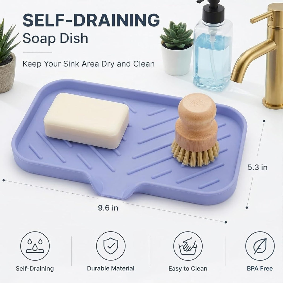 Silicone Soap Dish with Drain Spout, Self-Draining Sink Organizer Tray for Bathroom and Kitchen, Sponges, Dispensers and Soap Holder, Non-Slip and Dishwasher Safe, Black (Compact, 4.9"×3.2")