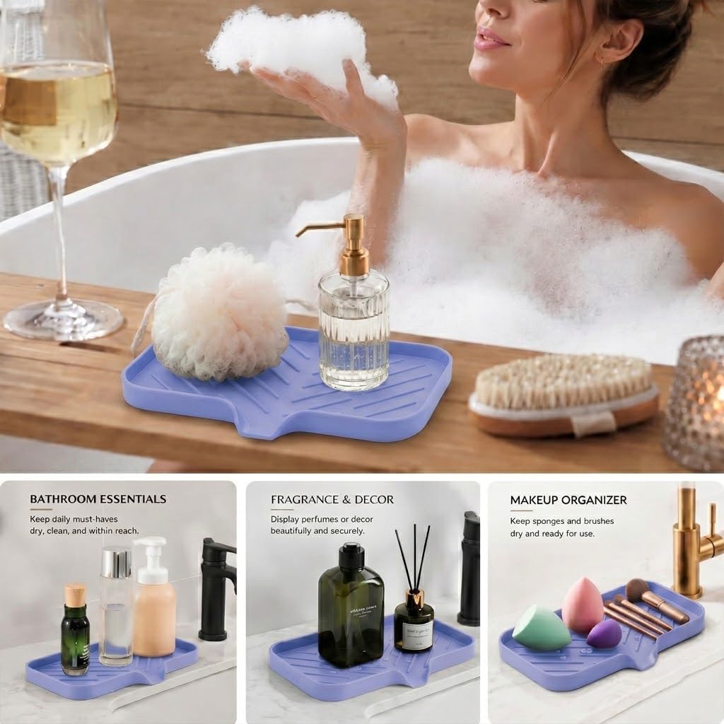 Silicone Soap Dish with Drain Spout, Self-Draining Sink Organizer Tray for Bathroom and Kitchen, Sponges, Dispensers and Soap Holder, Non-Slip and Dishwasher Safe, Black (Compact, 4.9"×3.2")