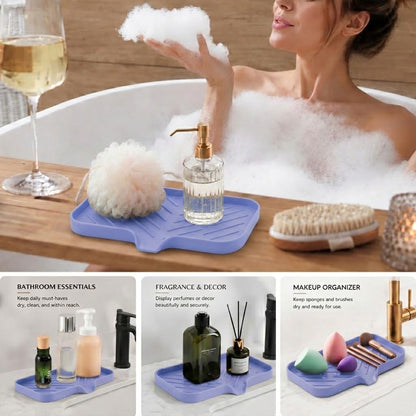 Silicone Soap Dish with Drain Spout, Self-Draining Sink Organizer Tray for Bathroom and Kitchen, Sponges, Dispensers and Soap Holder, Non-Slip and Dishwasher Safe, Black (Compact, 4.9"×3.2")