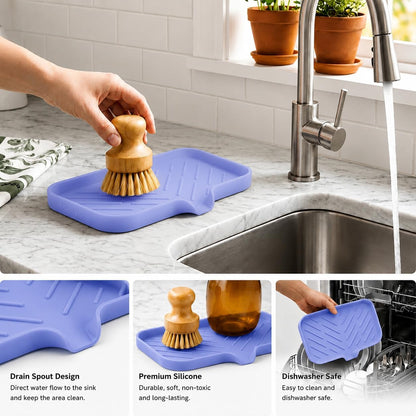 Silicone Soap Dish with Drain Spout, Self-Draining Sink Organizer Tray for Bathroom and Kitchen, Sponges, Dispensers and Soap Holder, Non-Slip and Dishwasher Safe, Black (Compact, 4.9"×3.2")
