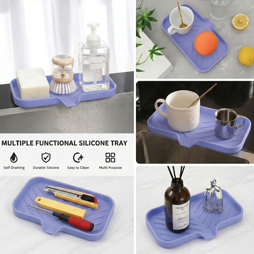 Silicone Soap Dish with Drain Spout, Self-Draining Sink Organizer Tray for Bathroom and Kitchen, Sponges, Dispensers and Soap Holder, Non-Slip and Dishwasher Safe, Black (Compact, 4.9"×3.2")