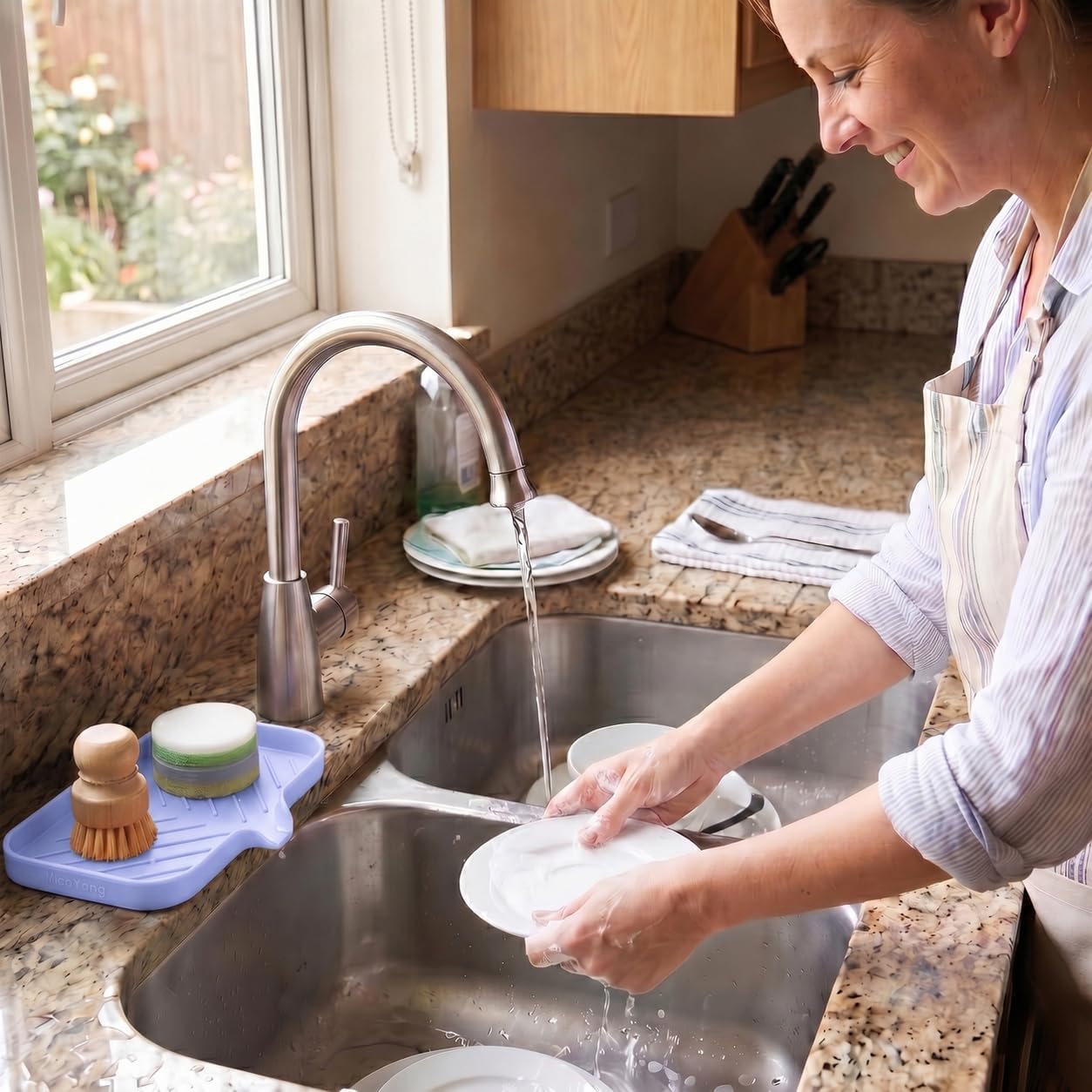 Silicone Soap Dish with Drain Spout, Self-Draining Sink Organizer Tray for Bathroom and Kitchen, Sponges, Dispensers and Soap Holder, Non-Slip and Dishwasher Safe, Black (Compact, 4.9"×3.2")
