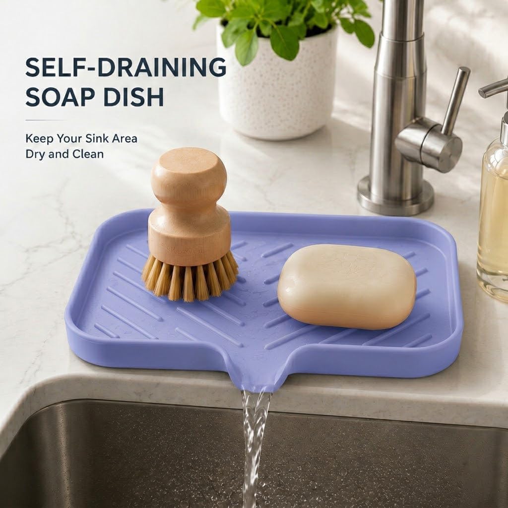 Silicone Soap Dish with Drain Spout, Self-Draining Sink Organizer Tray for Bathroom and Kitchen, Sponges, Dispensers and Soap Holder, Non-Slip and Dishwasher Safe, Black (Compact, 4.9"×3.2")