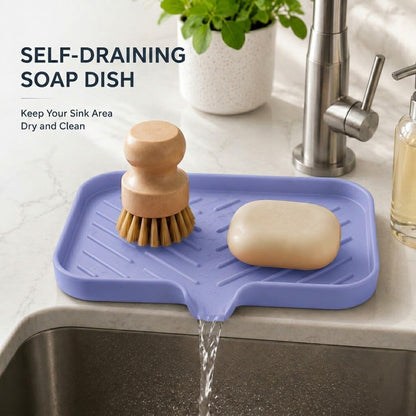 Silicone Soap Dish with Drain Spout, Self-Draining Sink Organizer Tray for Bathroom and Kitchen, Sponges, Dispensers and Soap Holder, Non-Slip and Dishwasher Safe, Black (Compact, 4.9"×3.2")