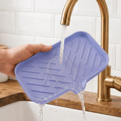 Silicone Soap Dish with Drain Spout, Self-Draining Sink Organizer Tray for Bathroom and Kitchen, Sponges, Dispensers and Soap Holder, Non-Slip and Dishwasher Safe, Black (Compact, 4.9"×3.2")