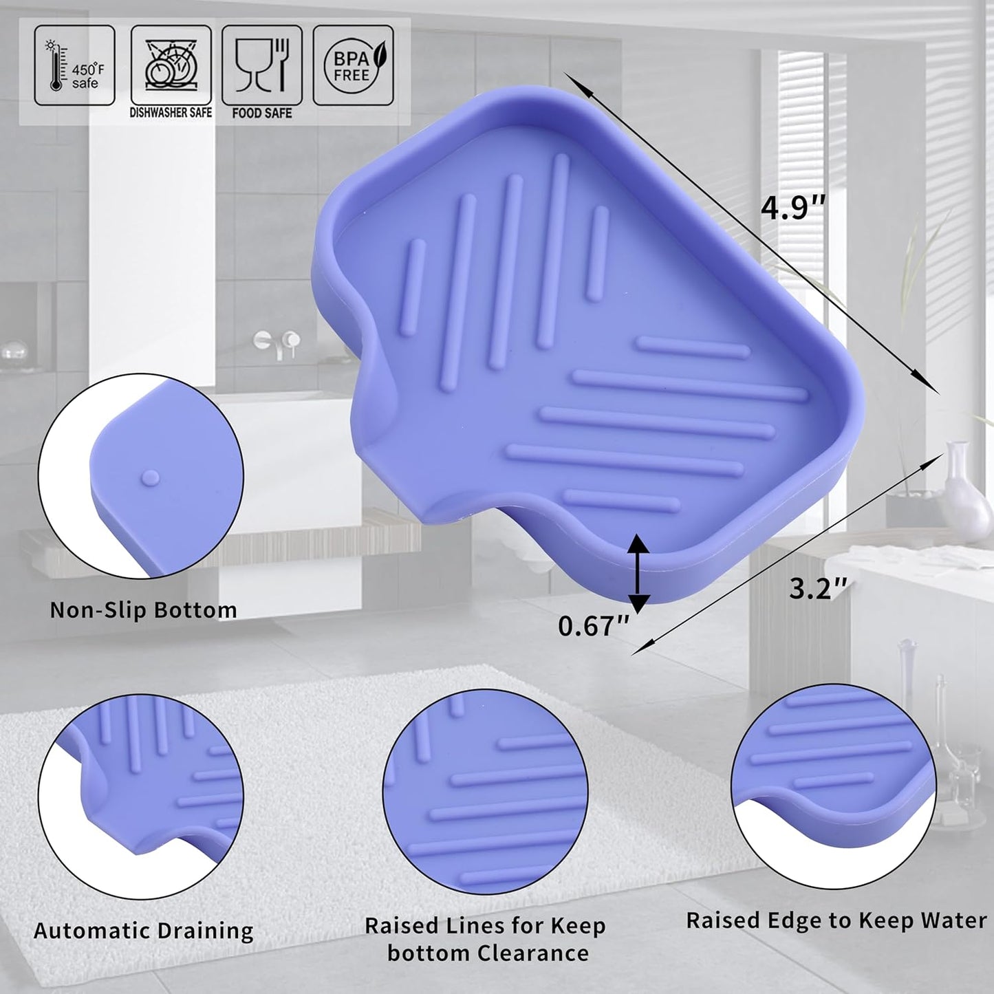 Silicone Soap Dish with Drain Spout, Self-Draining Sink Organizer Tray for Bathroom and Kitchen, Sponges, Dispensers and Soap Holder, Non-Slip and Dishwasher Safe, Black (Compact, 4.9"×3.2")