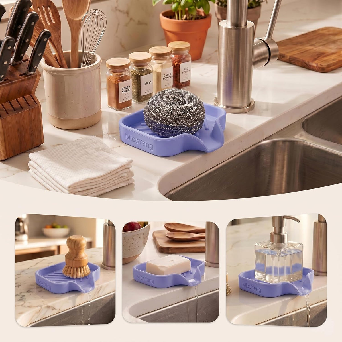 Silicone Soap Dish with Drain Spout, Self-Draining Sink Organizer Tray for Bathroom and Kitchen, Sponges, Dispensers and Soap Holder, Non-Slip and Dishwasher Safe, Black (Compact, 4.9"×3.2")