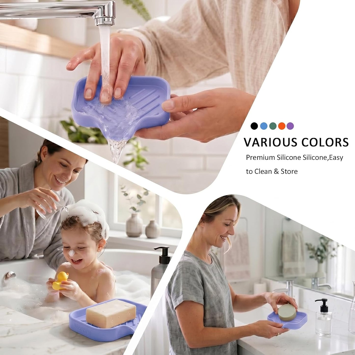 Silicone Soap Dish with Drain Spout, Self-Draining Sink Organizer Tray for Bathroom and Kitchen, Sponges, Dispensers and Soap Holder, Non-Slip and Dishwasher Safe, Black (Compact, 4.9"×3.2")
