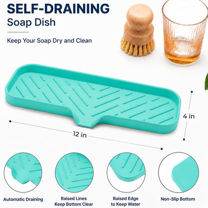 Silicone Soap Dish with Drain Spout, Self-Draining Sink Organizer Tray for Bathroom and Kitchen, Sponges, Dispensers and Soap Holder, Non-Slip and Dishwasher Safe, Black (Compact, 4.9"×3.2")