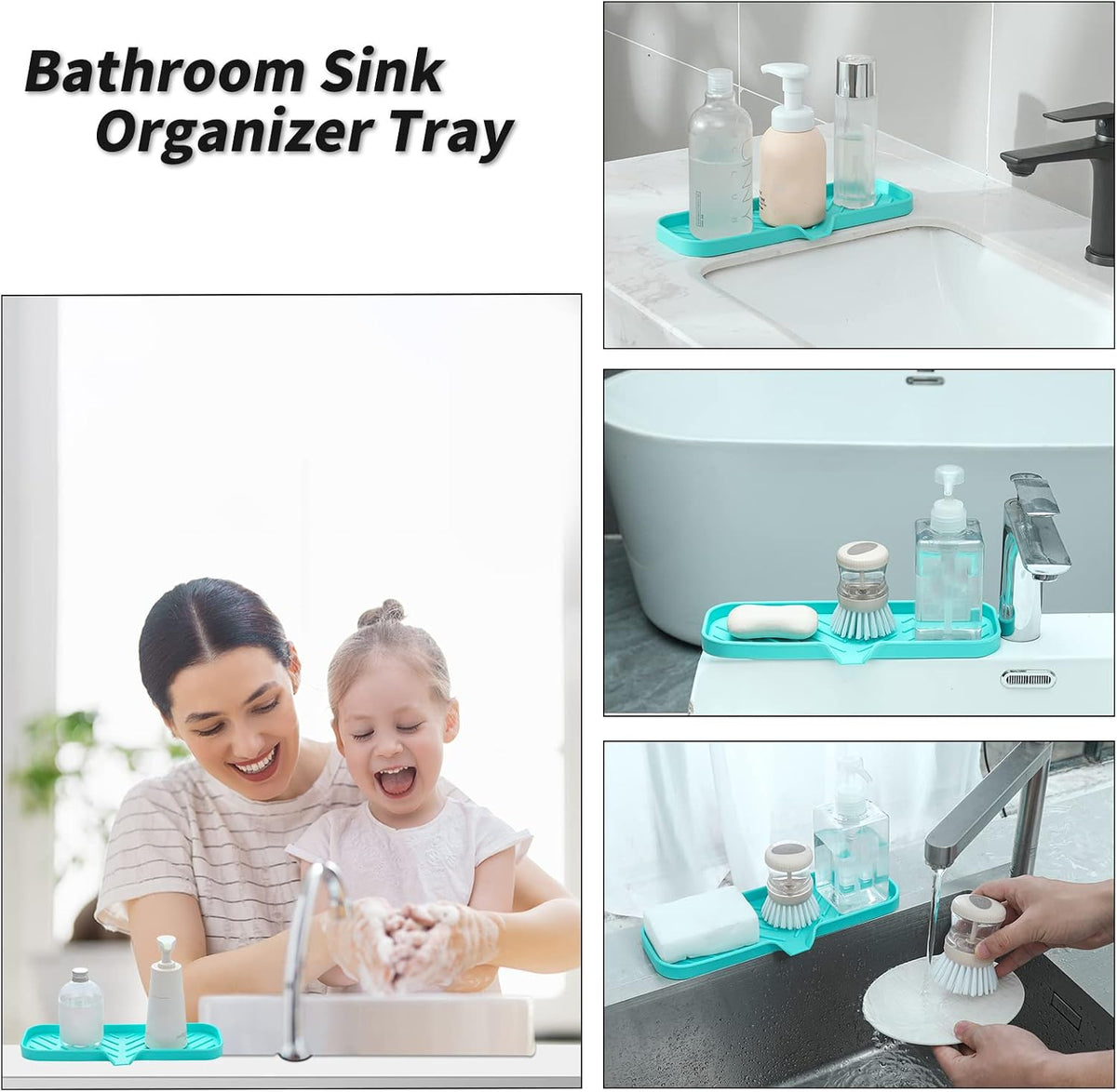 Silicone Soap Dish with Drain Spout, Self-Draining Sink Organizer Tray for Bathroom and Kitchen, Sponges, Dispensers and Soap Holder, Non-Slip and Dishwasher Safe, Black (Compact, 4.9"×3.2")