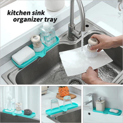 Silicone Soap Dish with Drain Spout, Self-Draining Sink Organizer Tray for Bathroom and Kitchen, Sponges, Dispensers and Soap Holder, Non-Slip and Dishwasher Safe, Black (Compact, 4.9"×3.2")