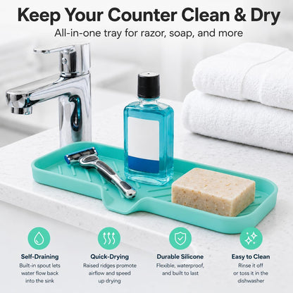 Silicone Soap Dish with Drain Spout, Self-Draining Sink Organizer Tray for Bathroom and Kitchen, Sponges, Dispensers and Soap Holder, Non-Slip and Dishwasher Safe, Black (Compact, 4.9"×3.2")