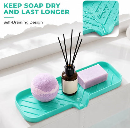 Silicone Soap Dish with Drain Spout, Self-Draining Sink Organizer Tray for Bathroom and Kitchen, Sponges, Dispensers and Soap Holder, Non-Slip and Dishwasher Safe, Black (Compact, 4.9"×3.2")
