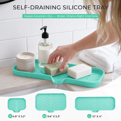 Silicone Soap Dish with Drain Spout, Self-Draining Sink Organizer Tray for Bathroom and Kitchen, Sponges, Dispensers and Soap Holder, Non-Slip and Dishwasher Safe, Black (Compact, 4.9"×3.2")