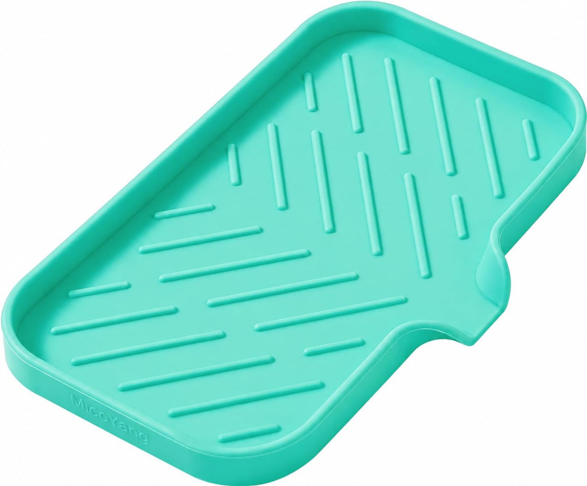 Silicone Soap Dish with Drain Spout, Self-Draining Sink Organizer Tray for Bathroom and Kitchen, Sponges, Dispensers and Soap Holder, Non-Slip and Dishwasher Safe, Black (Compact, 4.9"×3.2")