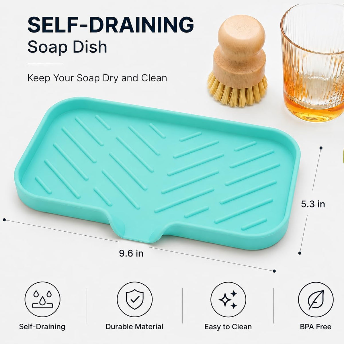 Silicone Soap Dish with Drain Spout, Self-Draining Sink Organizer Tray for Bathroom and Kitchen, Sponges, Dispensers and Soap Holder, Non-Slip and Dishwasher Safe, Black (Compact, 4.9"×3.2")