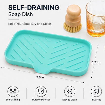 Silicone Soap Dish with Drain Spout, Self-Draining Sink Organizer Tray for Bathroom and Kitchen, Sponges, Dispensers and Soap Holder, Non-Slip and Dishwasher Safe, Black (Compact, 4.9"×3.2")