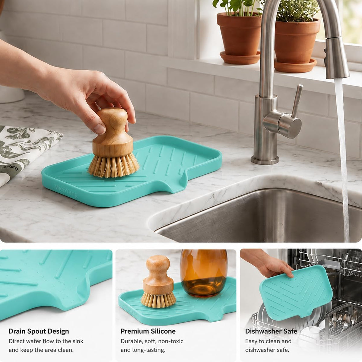 Silicone Soap Dish with Drain Spout, Self-Draining Sink Organizer Tray for Bathroom and Kitchen, Sponges, Dispensers and Soap Holder, Non-Slip and Dishwasher Safe, Black (Compact, 4.9"×3.2")