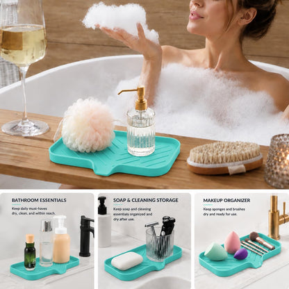 Silicone Soap Dish with Drain Spout, Self-Draining Sink Organizer Tray for Bathroom and Kitchen, Sponges, Dispensers and Soap Holder, Non-Slip and Dishwasher Safe, Black (Compact, 4.9"×3.2")