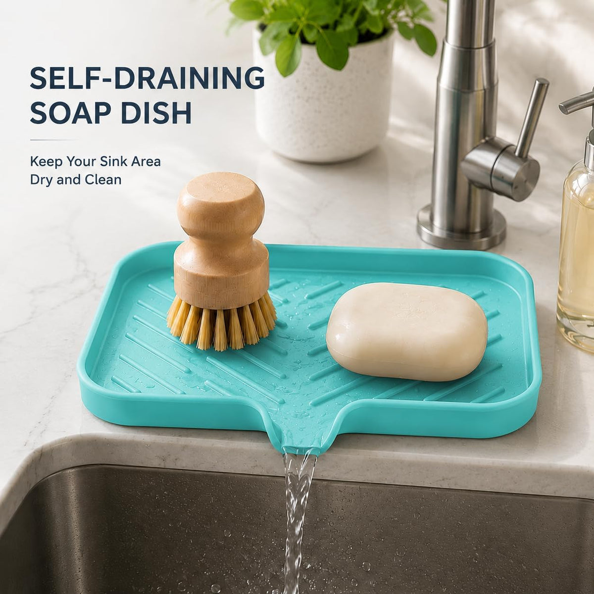 Silicone Soap Dish with Drain Spout, Self-Draining Sink Organizer Tray for Bathroom and Kitchen, Sponges, Dispensers and Soap Holder, Non-Slip and Dishwasher Safe, Black (Compact, 4.9"×3.2")