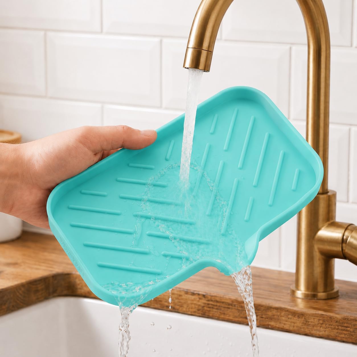 Silicone Soap Dish with Drain Spout, Self-Draining Sink Organizer Tray for Bathroom and Kitchen, Sponges, Dispensers and Soap Holder, Non-Slip and Dishwasher Safe, Black (Compact, 4.9"×3.2")