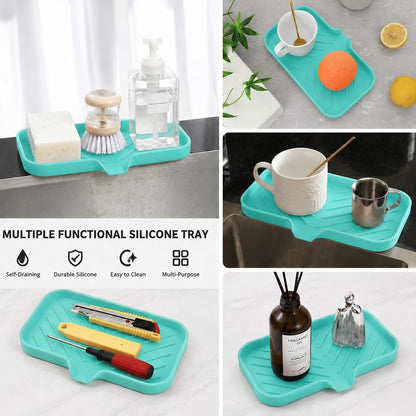 Silicone Soap Dish with Drain Spout, Self-Draining Sink Organizer Tray for Bathroom and Kitchen, Sponges, Dispensers and Soap Holder, Non-Slip and Dishwasher Safe, Black (Compact, 4.9"×3.2")