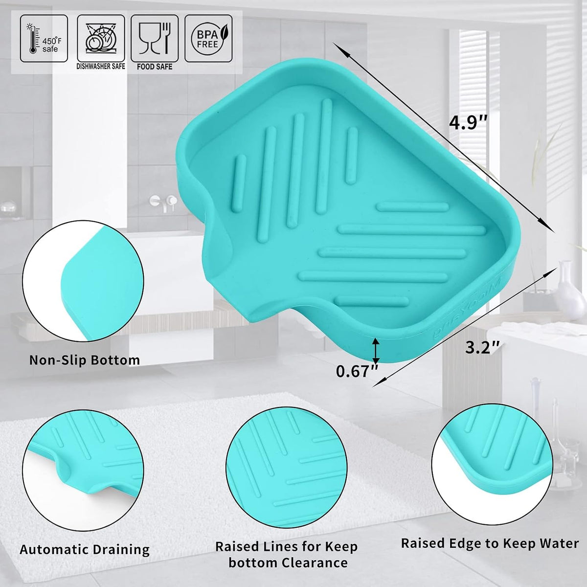 Silicone Soap Dish with Drain Spout, Self-Draining Sink Organizer Tray for Bathroom and Kitchen, Sponges, Dispensers and Soap Holder, Non-Slip and Dishwasher Safe, Black (Compact, 4.9"×3.2")