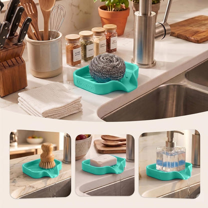 Silicone Soap Dish with Drain Spout, Self-Draining Sink Organizer Tray for Bathroom and Kitchen, Sponges, Dispensers and Soap Holder, Non-Slip and Dishwasher Safe, Black (Compact, 4.9"×3.2")