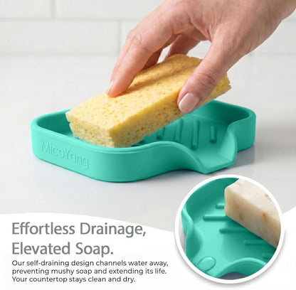 Silicone Soap Dish with Drain Spout, Self-Draining Sink Organizer Tray for Bathroom and Kitchen, Sponges, Dispensers and Soap Holder, Non-Slip and Dishwasher Safe, Black (Compact, 4.9"×3.2")