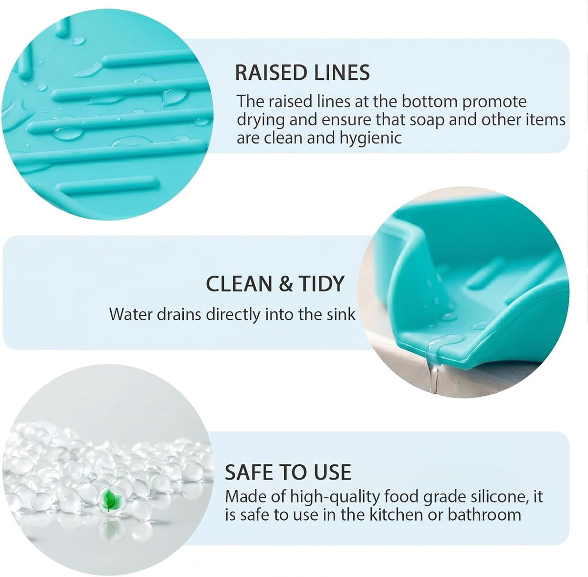 Silicone Soap Dish with Drain Spout, Self-Draining Sink Organizer Tray for Bathroom and Kitchen, Sponges, Dispensers and Soap Holder, Non-Slip and Dishwasher Safe, Black (Compact, 4.9"×3.2")