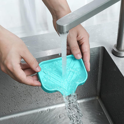 Silicone Soap Dish with Drain Spout, Self-Draining Sink Organizer Tray for Bathroom and Kitchen, Sponges, Dispensers and Soap Holder, Non-Slip and Dishwasher Safe, Black (Compact, 4.9"×3.2")