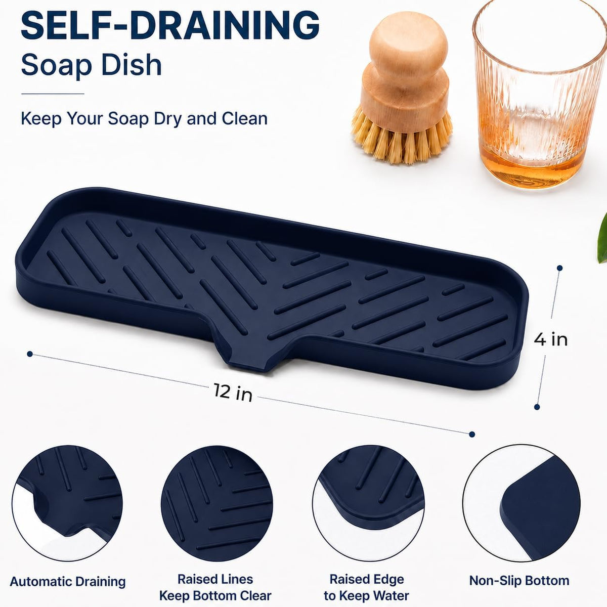 Silicone Soap Dish with Drain Spout, Self-Draining Sink Organizer Tray for Bathroom and Kitchen, Sponges, Dispensers and Soap Holder, Non-Slip and Dishwasher Safe, Black (Compact, 4.9"×3.2")