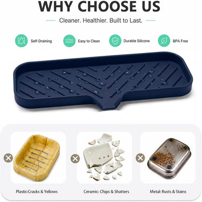 Silicone Soap Dish with Drain Spout, Self-Draining Sink Organizer Tray for Bathroom and Kitchen, Sponges, Dispensers and Soap Holder, Non-Slip and Dishwasher Safe, Black (Compact, 4.9"×3.2")